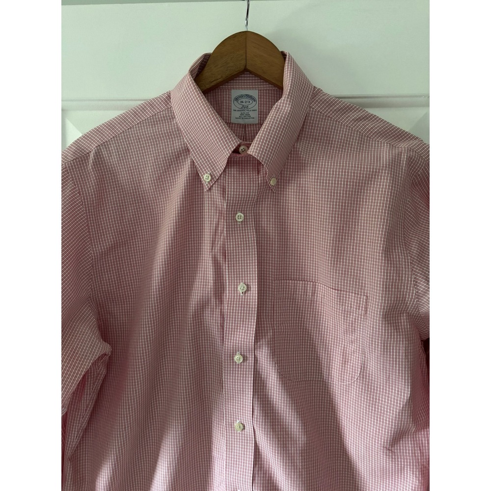 Brooks Brothers 346 Dress Shirt Mens 16-2/3 Red Check Slim Fit Non-Iron Cotton
